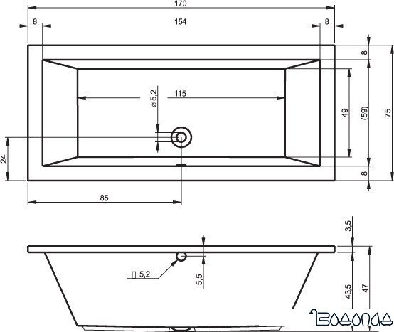 Ванна Riho Lusso 170x75 (с ножками)