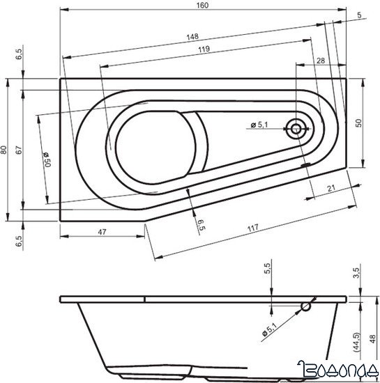 Ванна Riho Delta 160x80R (без ножек)