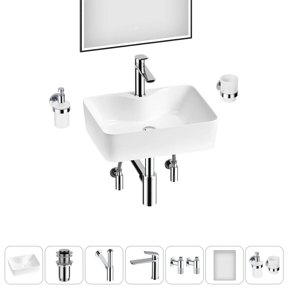 Комплект Накладная раковина на столешницу для ванной Lavinia Boho Sink 20219349R в наборе 7 в 1: раковина 48 см (белый глянец), донный клапан, сифон, смеситель, вентили, зеркало, аксессуары (хром)