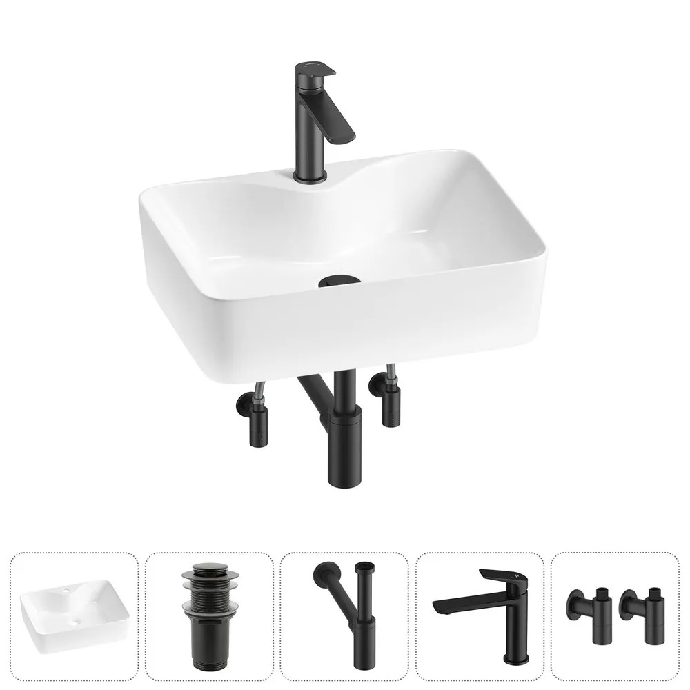 Комплект Накладная раковина на столешницу для ванной Lavinia Boho Sink 20215268R в наборе 5 в 1: раковина 48 см (белый глянец), донный клапан, сифон, смеситель, ((цвет набора матовый черный)