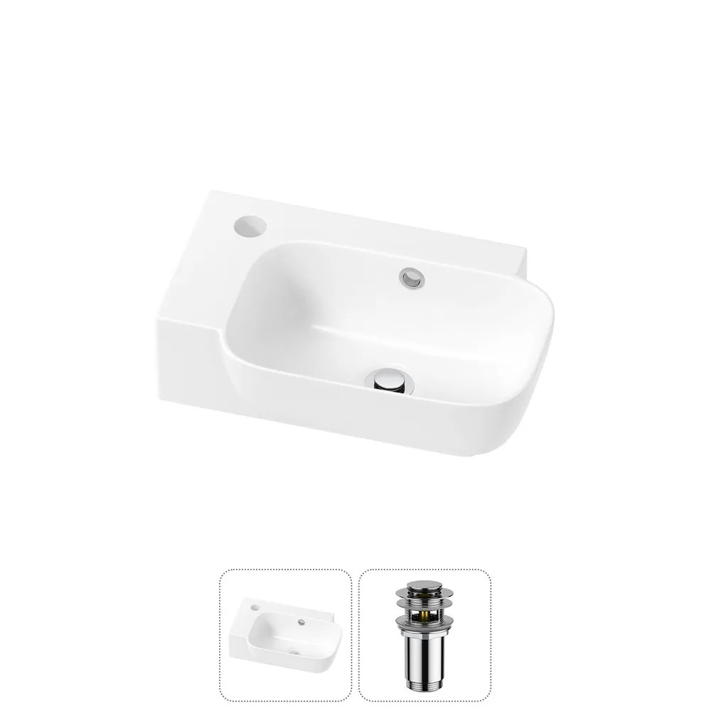 Комплект Маленькая раковина в туалет подвесная Lavinia Boho Sink 20216385R в наборе 2 в 1: угловая и узкая мини-раковина 40 см (белый глянец), донный клапан в цвете хром