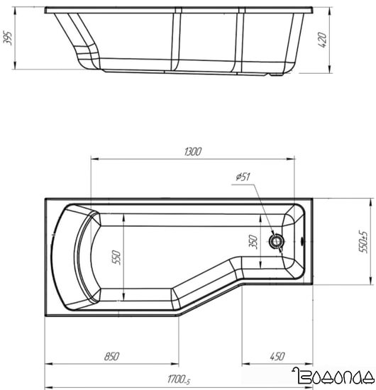 Ванна 1Марка Convey 170x75 (правая)