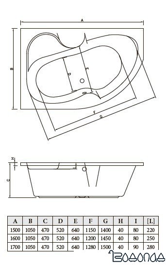 Ванна Bonito Home Arizona 170x105 R (с ножками)