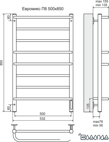 Полотенцесушитель TERMINUS Евромикс П8 электро с диммером (500x850)