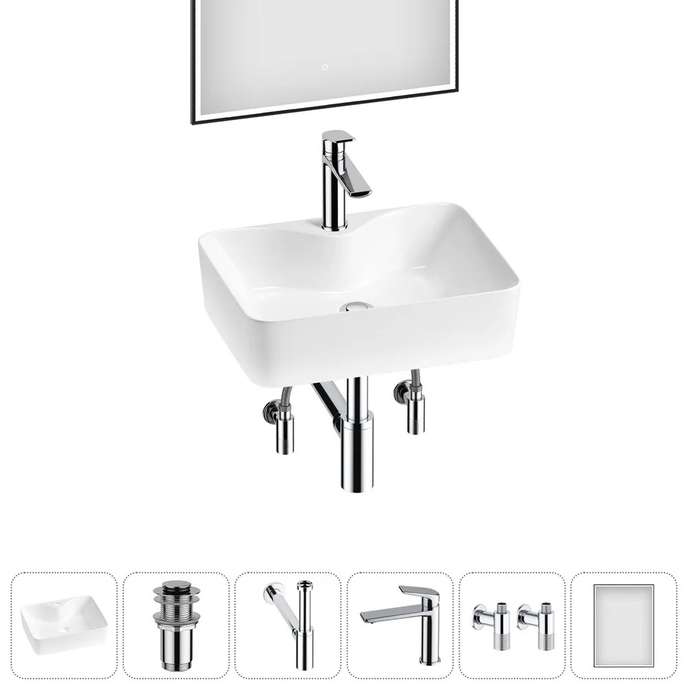 Комплект Накладная раковина на столешницу для ванной Lavinia Boho Sink 20219345R в наборе 6 в 1: раковина 48 см (белый глянец), донный клапан, сифон, смеситель, вентили, зеркало (цвет набора хром)
