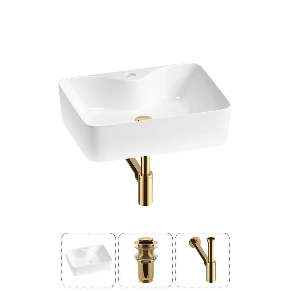 Комплект Накладная раковина на столешницу для ванной Lavinia Boho Sink 20215261R в наборе 3 в 1: раковина 48 см (белый глянец), донный клапан, сифон (цвет набора золото)