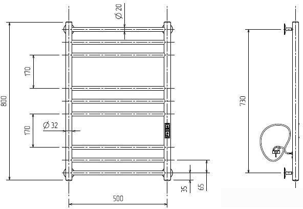 Полотенцесушитель ZorG Рио Гранд 50x80, 235 вт (К-ЖК панель, справа, белый)