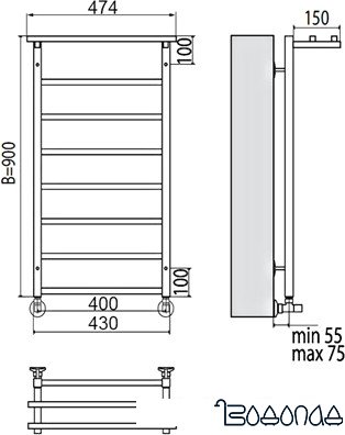 Полотенцесушитель TERMINUS Контур П8 с полкой (474x900)