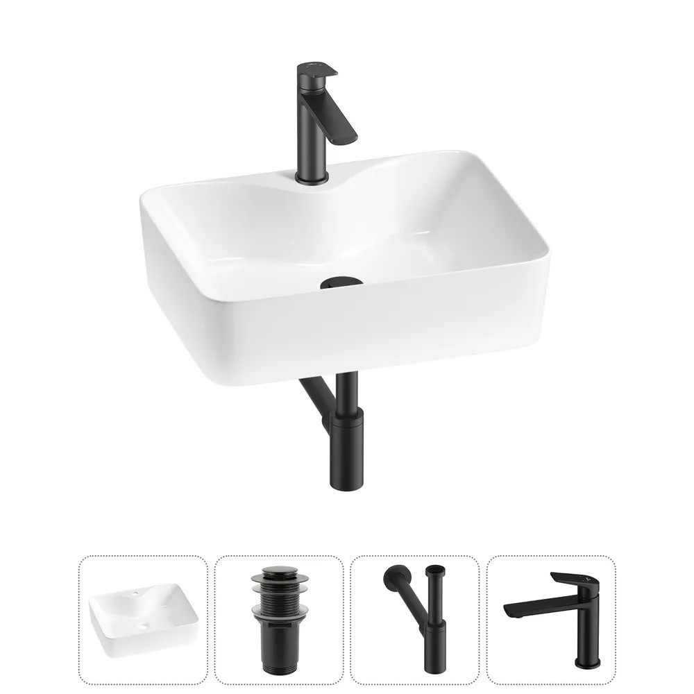 Комплект Накладная раковина на столешницу для ванной Lavinia Boho Sink 20215264R в наборе 4 в 1: раковина 48 см (белый глянец), донный клапан, сифон, смеситель (цвет набора матовый черный)