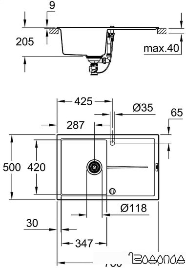 Кухонная мойка Grohe K400 50-C 78/50 1.0 31639AP0 (черный гранит)