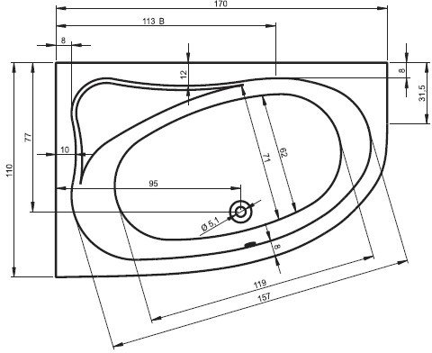 Ванна Riho Lyra 170x110 (правая, без ножек)