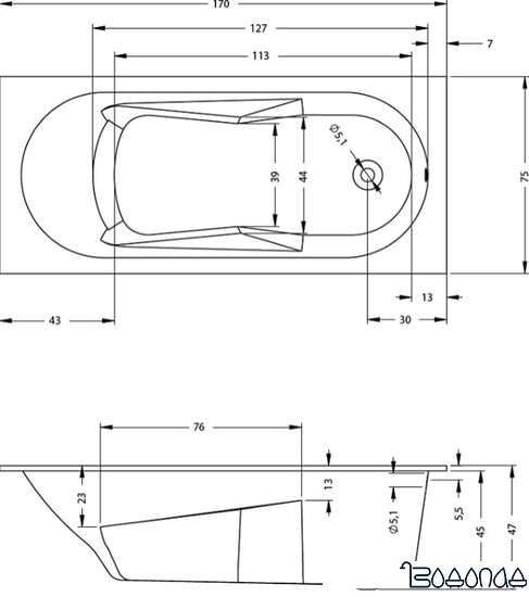 Ванна Riho Lazy 170х75 (без ножек)
