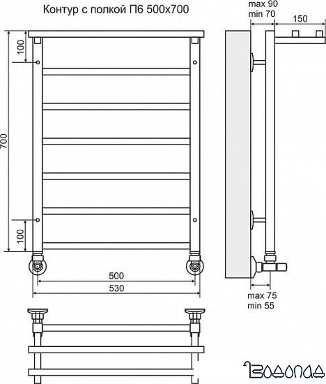 Полотенцесушитель TERMINUS Контур П6 с полкой (530x700)