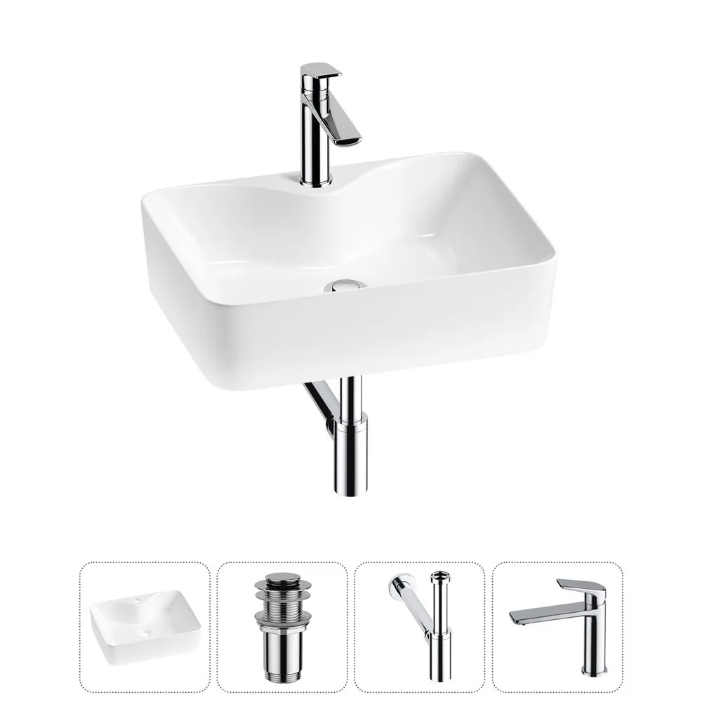 Комплект Накладная раковина на столешницу для ванной Lavinia Boho Sink 20215263R в наборе 4 в 1: раковина 48 см (белый глянец), донный клапан, сифон, смеситель (цвет набора хром)