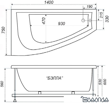 Ванна Triton Бэлла 140x76R (с каркасом, экраном и сифоном) фото 4