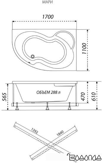 Ванна Triton Мари гидромассажная 170х110R Люкс