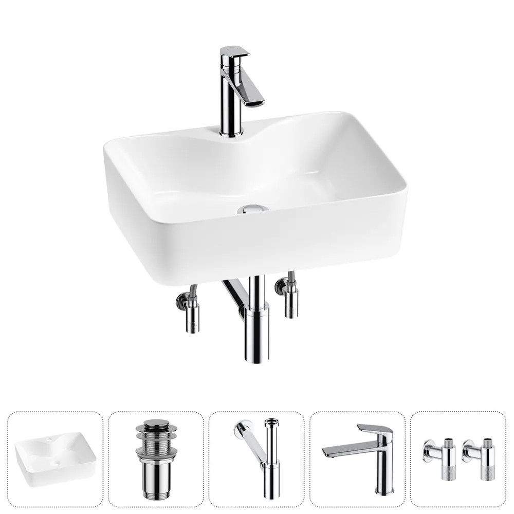 Комплект Накладная раковина на столешницу для ванной Lavinia Boho Sink 20215267R в наборе 5 в 1: раковина 48 см (белый глянец), донный клапан, сифон, смеситель, вентили (цвет набора хром)