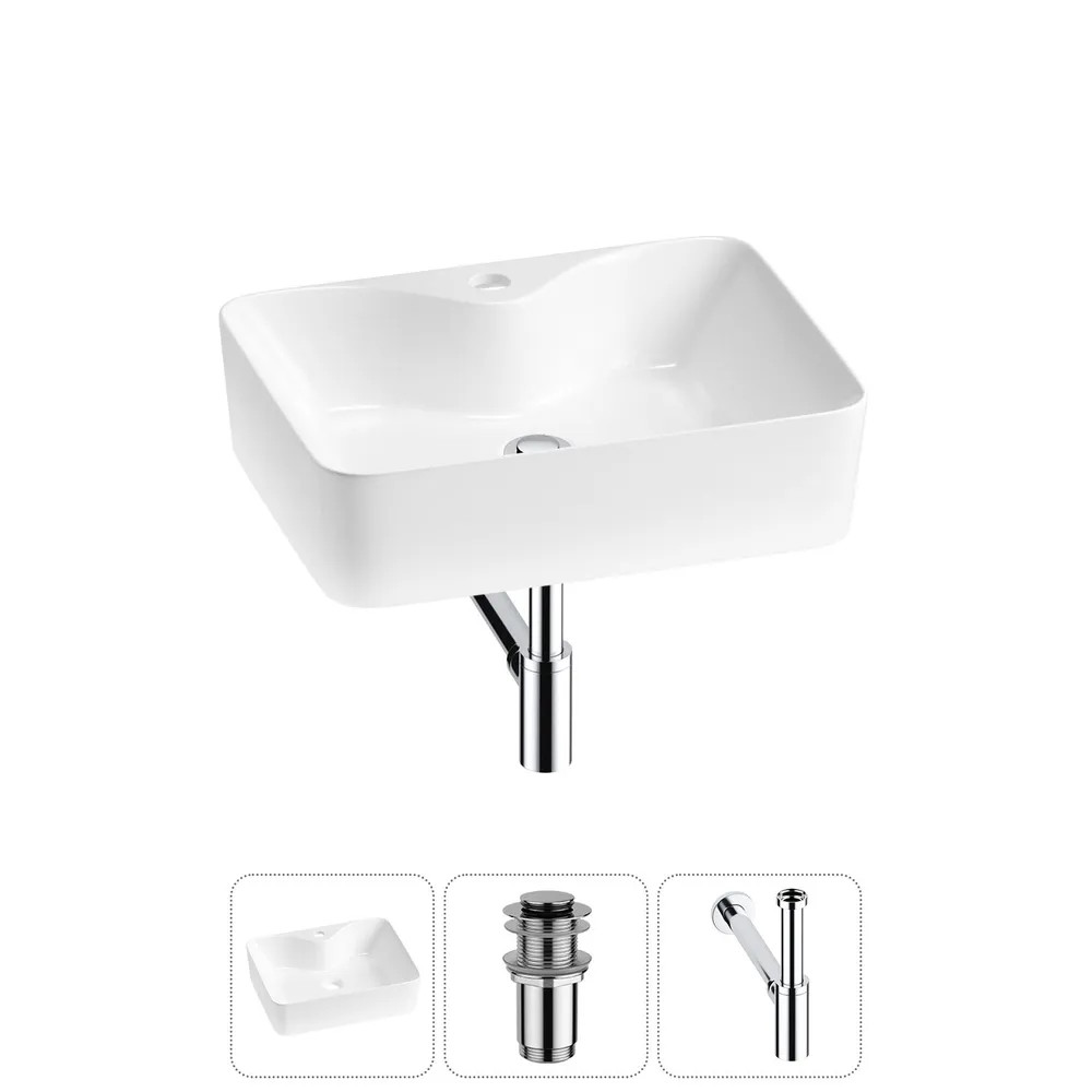Комплект Накладная раковина на столешницу для ванной Lavinia Boho Sink 20215259R в наборе 3 в 1: раковина 48 см (белый глянец), донный клапан, сифон (цвет набора хром)