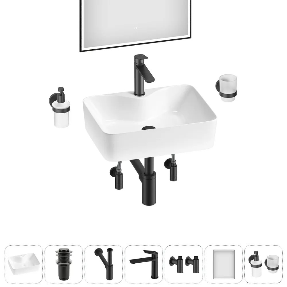 Комплект Накладная раковина на столешницу для ванной Lavinia Boho Sink 20219350R в наборе 7 в 1: раковина 48 см (белый глянец), донный клапан, сифон, смеситель, вентили, зеркало, аксессуары (матовый черный)