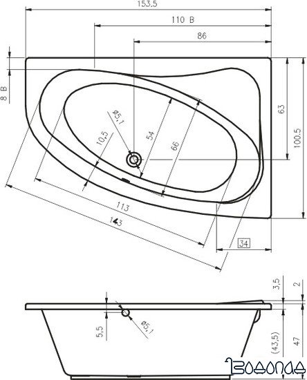 Ванна Riho Lyra 153x100 (правая, без ножек)