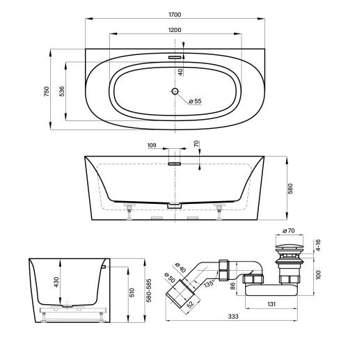 Пристенная акриловая ванна Wellsee Belle Spa 2.0 235804003, 170*75 см Набор 4 в 1: ванна 235804000, каркас, экран, слив-перелив матовый черный 231924000.