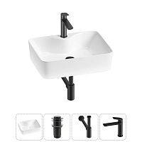 Накладная раковина на столешницу для ванной Lavinia Boho Sink 20215264R в наборе 4 в 1: раковина 48 см (белый глянец), донный клапан, сифон, смеситель (цвет набора матовый черный)