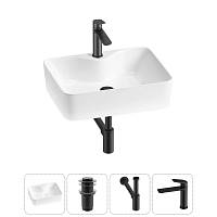 Накладная раковина на столешницу для ванной Lavinia Boho Sink 20215264R в наборе 4 в 1: раковина 48 см (белый глянец), донный клапан, сифон, смеситель (цвет набора матовый черный)