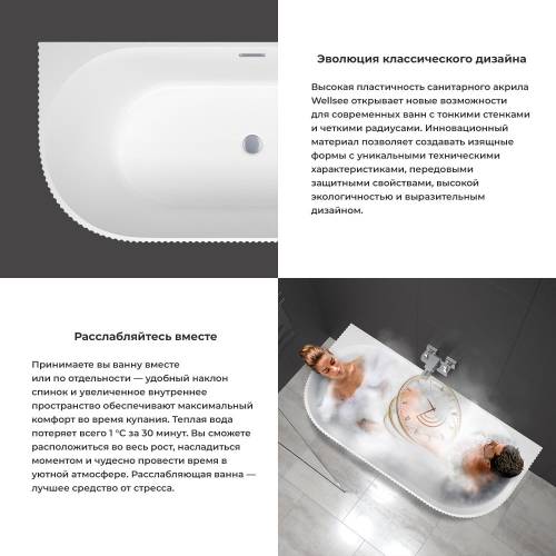 Пристенная  акриловая ванна Wellsee Festive Fox 28730204R, 170*80 см, цвет белый  глянец. Набор 4 в 1: ванна 287302000, ножки, слив-перелив золото  231925000.