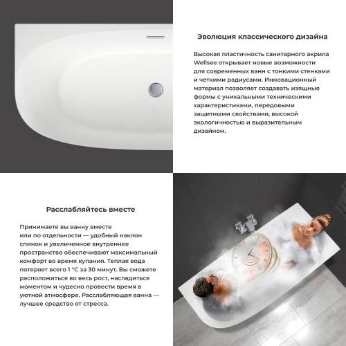 Пристенная акриловая ванна Wellsee Belle Spa 2.0 235803004, 160*75 см (правая) Набор 4 в 1: ванна 235803000, каркас, экран, слив-перелив золото 231925000.