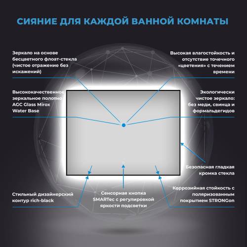 Прямоугольное зеркало с фоновой LED-подсветкой Wellsee 7 Rays' Spectrum 172201090 (120*80 см, черный контур, сенсорная кнопка)
