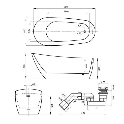Отдельностоящая акриловая ванна Wellsee Paradise Story 236602003, 180*80 см Набор 4 в 1: ванна 236602000, ножки, экран, слив-перелив матовый черный 231929000.