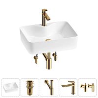 Накладная раковина на столешницу для ванной Lavinia Boho Sink 20215269R в наборе 5 в 1: раковина 48 см (белый глянец), донный клапан, сифон, смеситель, ((цвет набора золото)