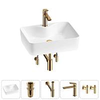 Накладная раковина на столешницу для ванной Lavinia Boho Sink 20215269R в наборе 5 в 1: раковина 48 см (белый глянец), донный клапан, сифон, смеситель, ((цвет набора золото)