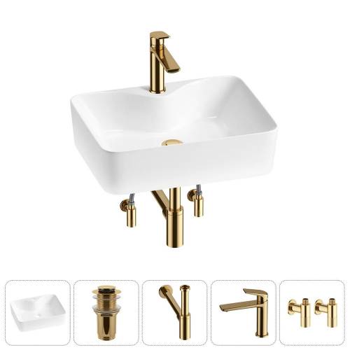 Накладная раковина на столешницу для ванной Lavinia Boho Sink 20215269R в наборе 5 в 1: раковина 48 см (белый глянец), донный клапан, сифон, смеситель, ((цвет набора золото)