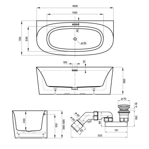 Пристенная акриловая ванна Wellsee Belle Spa 2.0 235801003, 160*75 см Набор 4 в 1: ванна 235801000, ножки, экран, слив-перелив матовый черный 231924000.