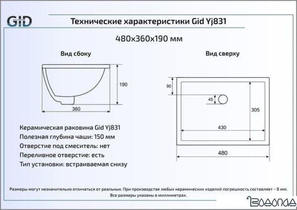 Умывальник Gid YJ831 (белый) фото 3