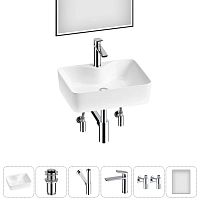 Накладная раковина на столешницу для ванной Lavinia Boho Sink 20219345R в наборе 6 в 1: раковина 48 см (белый глянец), донный клапан, сифон, смеситель, вентили, зеркало (цвет набора хром)