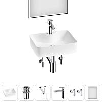 Накладная раковина на столешницу для ванной Lavinia Boho Sink 20219345R в наборе 6 в 1: раковина 48 см (белый глянец), донный клапан, сифон, смеситель, вентили, зеркало (цвет набора хром)