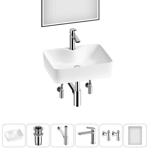 Накладная раковина на столешницу для ванной Lavinia Boho Sink 20219345R в наборе 6 в 1: раковина 48 см (белый глянец), донный клапан, сифон, смеситель, вентили, зеркало (цвет набора хром)