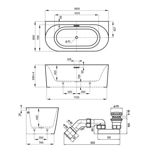 Пристенная  акриловая ванна Wellsee Collaro 28910201R, 180*80 см, цвет белый  глянец. Набор 4 в 1: ванна 289102000, ножки, экран, слив-перелив хром  231921000.