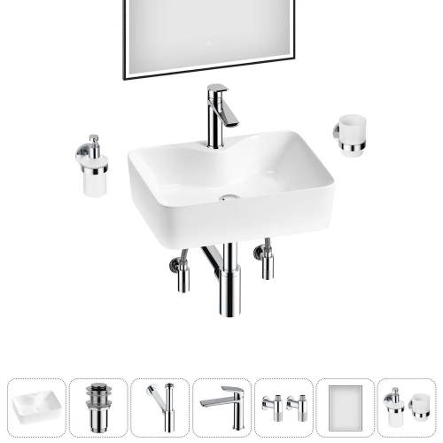 Накладная раковина на столешницу для ванной Lavinia Boho Sink 20219349R в наборе 7 в 1: раковина 48 см (белый глянец), донный клапан, сифон, смеситель, вентили, зеркало, аксессуары (хром)