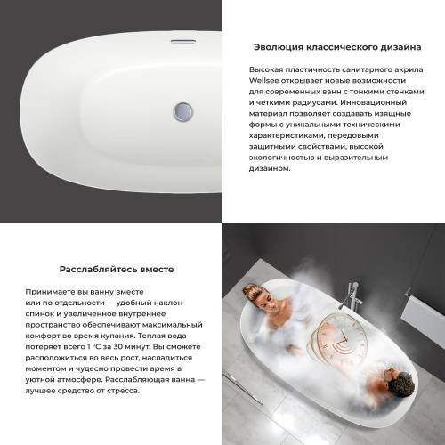 Отдельностоящая акриловая ванна Wellsee Câlin 230201003, 140*70 см Набор 4 в 1: ванна 230201000, ножки, экран, слив-перелив матовый черный 231924000.