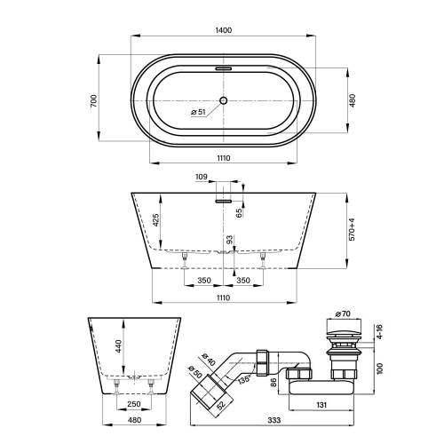 Отдельностоящая  акриловая ванна Wellsee Shell 28170102R, 140*70 см, цвет белый глянец.  Набор 4 в 1: ванна 281701000, ножки, экран, слив-перелив глянцевый белый  231922000.