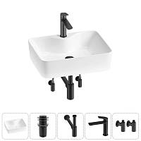 Накладная раковина на столешницу для ванной Lavinia Boho Sink 20215268R в наборе 5 в 1: раковина 48 см (белый глянец), донный клапан, сифон, смеситель, ((цвет набора матовый черный)