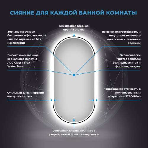 Овальное зеркало с фронтальной LED-подсветкой Wellsee 7 Rays' Spectrum 172201600 (50*90 см, черный контур, сенсорная кнопка)