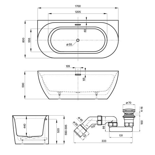 Пристенная акриловая ванна Wellsee Belle Spa 3.0 235901004, 170*80 см Набор 4 в 1: ванна 235901000, ножки, экран, слив-перелив золото 231925000.