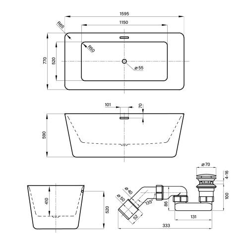 Отдельностоящая акриловая ванна Wellsee DeSire 231501001, 159,5*77 см Набор 4 в 1: ванн 231501000, ножки, экран, слив-перелив хром 231916000.