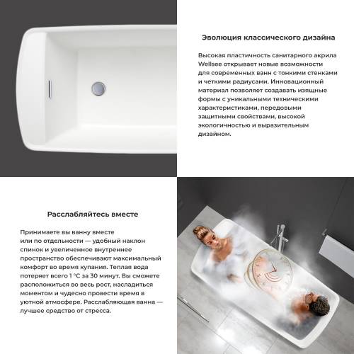Отдельностоящая акриловая ванна Wellsee Idéal 236901003, 170*78 см Набор 4 в 1: ванна 236901000, ножки, экран, слив-перелив матовый черный 231919000.