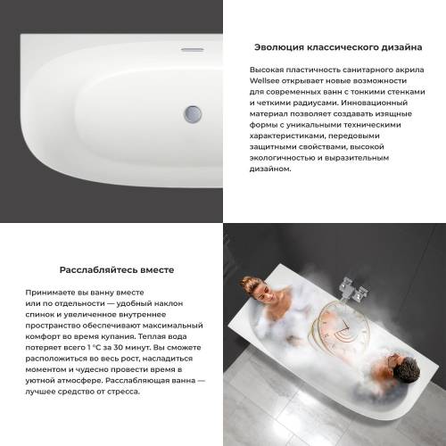 Пристенная акриловая ванна Wellsee Belle Spa 2.0 235805002, 170*75 см (левая) Набор 4 в 1: ванна 235805000, каркас, экран, слив-перелив глянцевый белый 231922000.