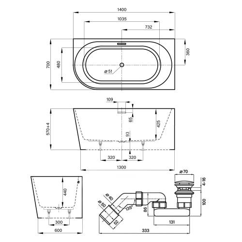Пристенная  акриловая ванна Wellsee Excellence Pro 28760903R, 140*70 см, цвет белый  глянец. Набор 4 в 1: ванна 287609000, ножки, экран, слив-перелив  матовый черный 231924000.